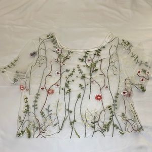 Mesh/see through top with flowers and leaves, cropped